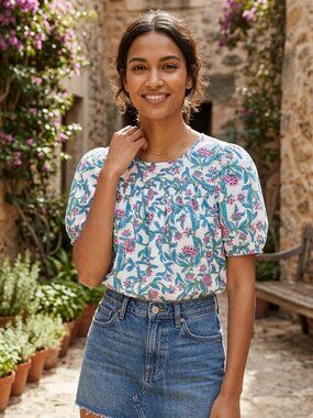 J.Crew XS Floral Block Print Smocked Puff Sleeve Top Blue Pink Green EUC